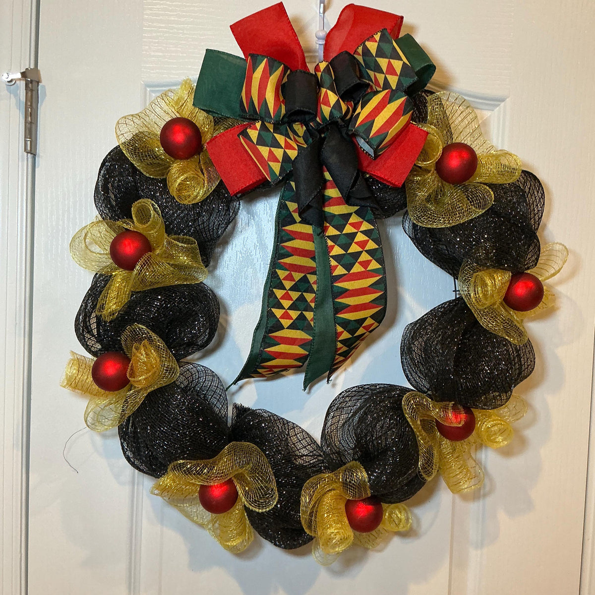 Juneteenth Wreath Black Gold Deco Mesh, Kente Print Bow Wreath, African American Door Wreath, Juneteenth Decor, Handmade Freedom Day Wreath