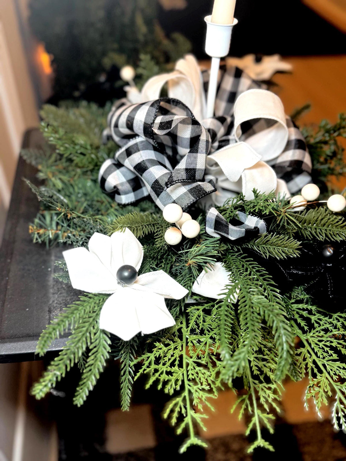 Buffalo Check Centerpiece, Farmhouse Table Decor, Handmade Ribbon Flowers, Black White Candle Holder