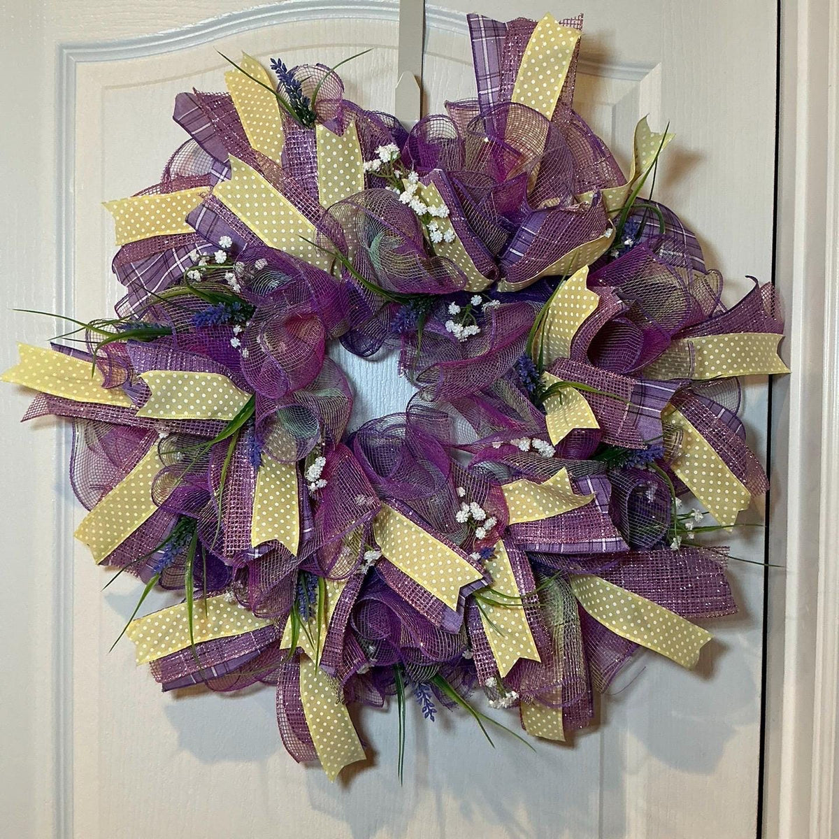 Purple Lavender Wreath, Farmhouse Style, Yellow Polka Dot Ribbon, Baby Breath Accents, 14 Inch