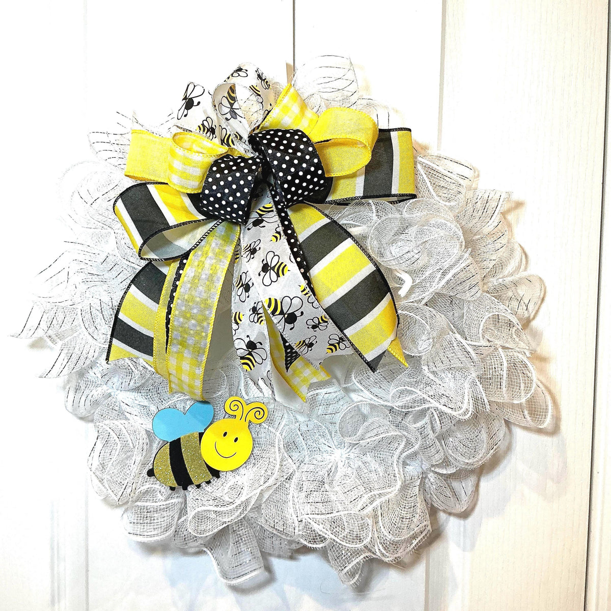 White Deco Mesh Bee Wreath, 14 Inch Gingham Bow Front Door Wreath, Yellow Black Bumblebee Decor, Bee Lover Gift