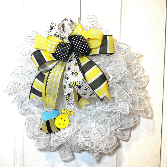 White Deco Mesh Bee Wreath, 14 Inch Gingham Bow Front Door Wreath, Yellow Black Bumblebee Decor, Bee Lover Gift
