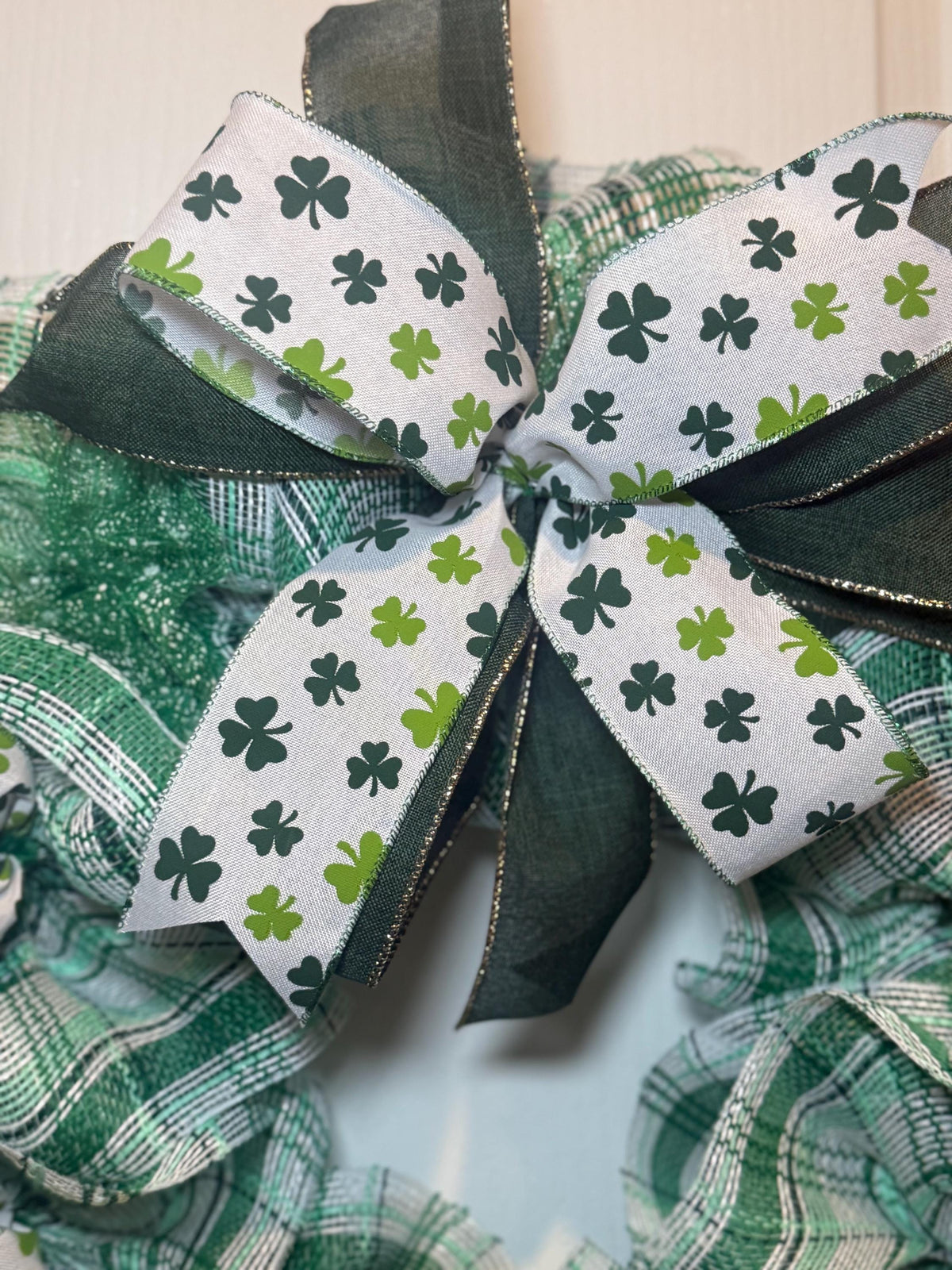 This Oldie but Goodie 16 inch Wreath / Plaid mesh with Shamrock Ribbon bow and Irish door decor