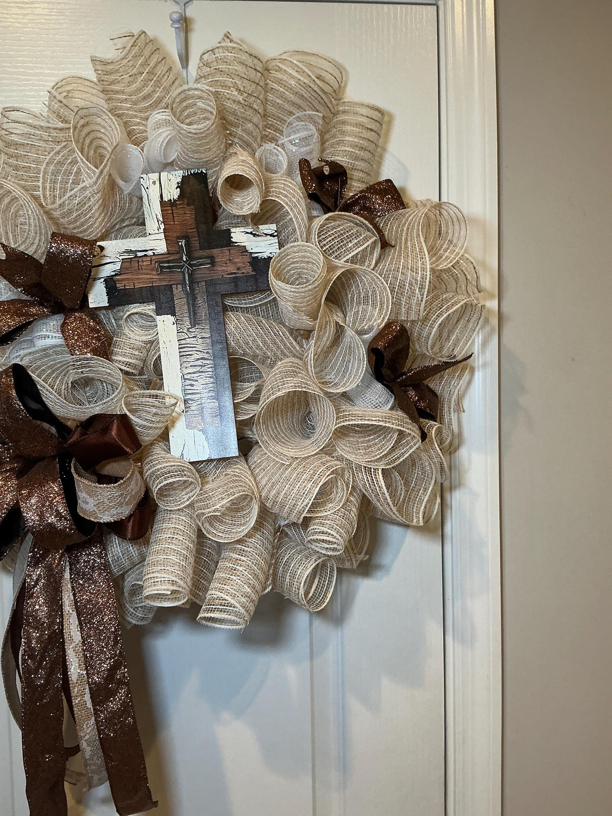 Brown Cream Cross Wreath, Rustic Farmhouse Faith Decor, Religious Christian Church Entryway Sign