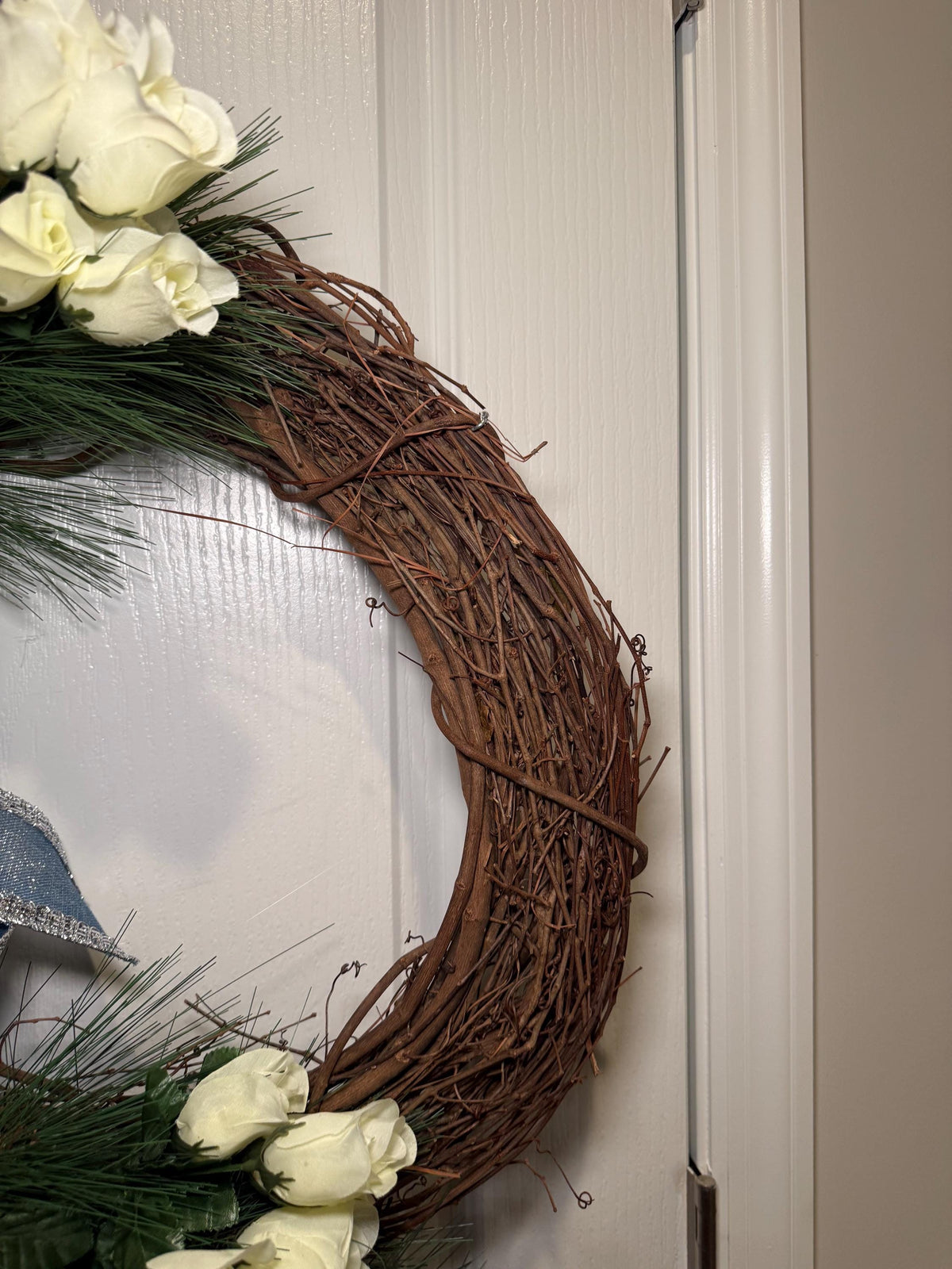 Floral Grapevine Wreath, Pink Yellow White Spring Decor, Blue Bow Farmhouse Style