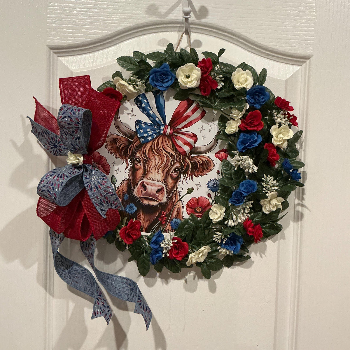 14 Inch Highland Cow Patriotic Wreath with Red White Blue Florals, Front Door Decor