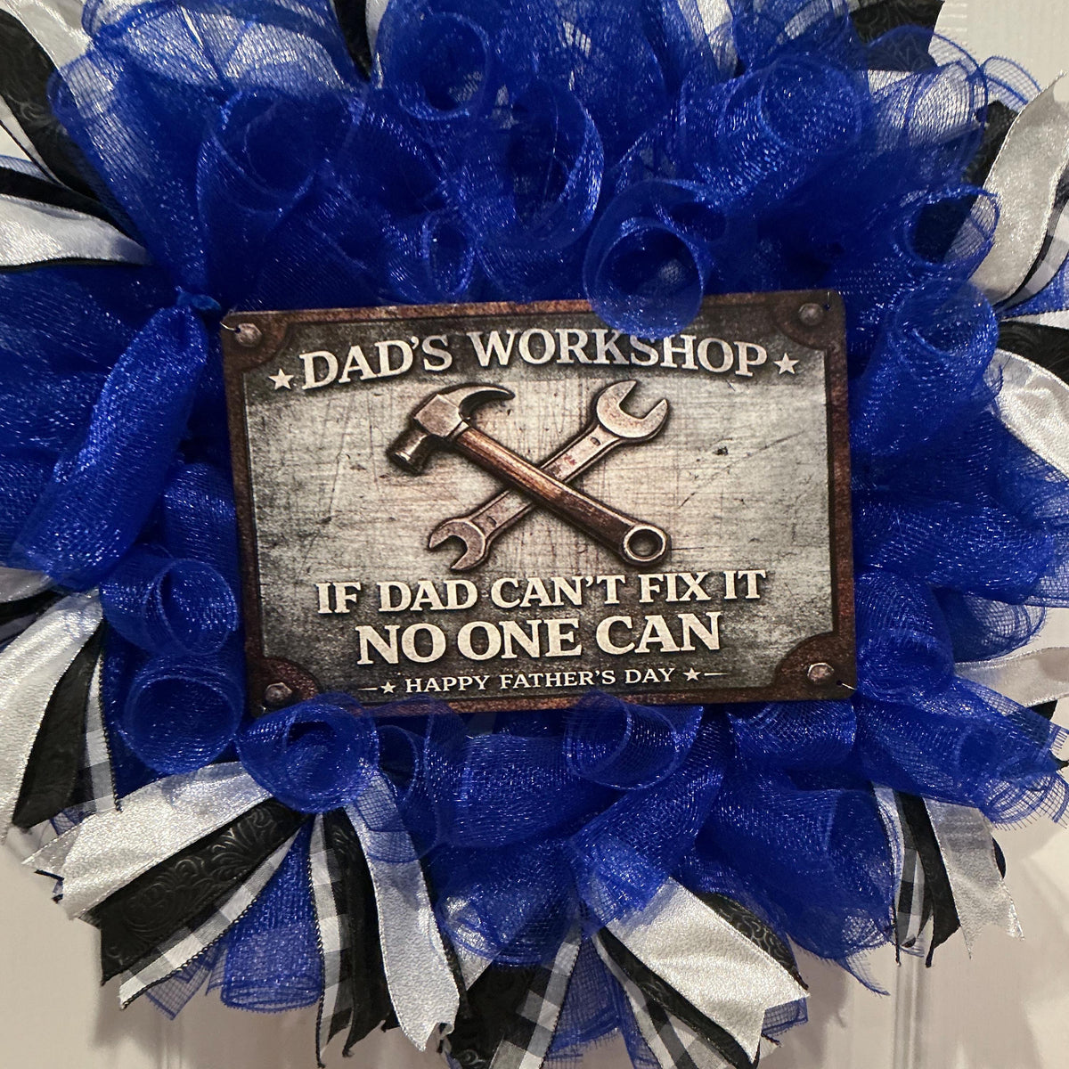 Dad’s Workshop Father’s Day Wreath, If Dad Can’t Fix It No One Can, Man Cave Door Decor, Handmade Gift for Him