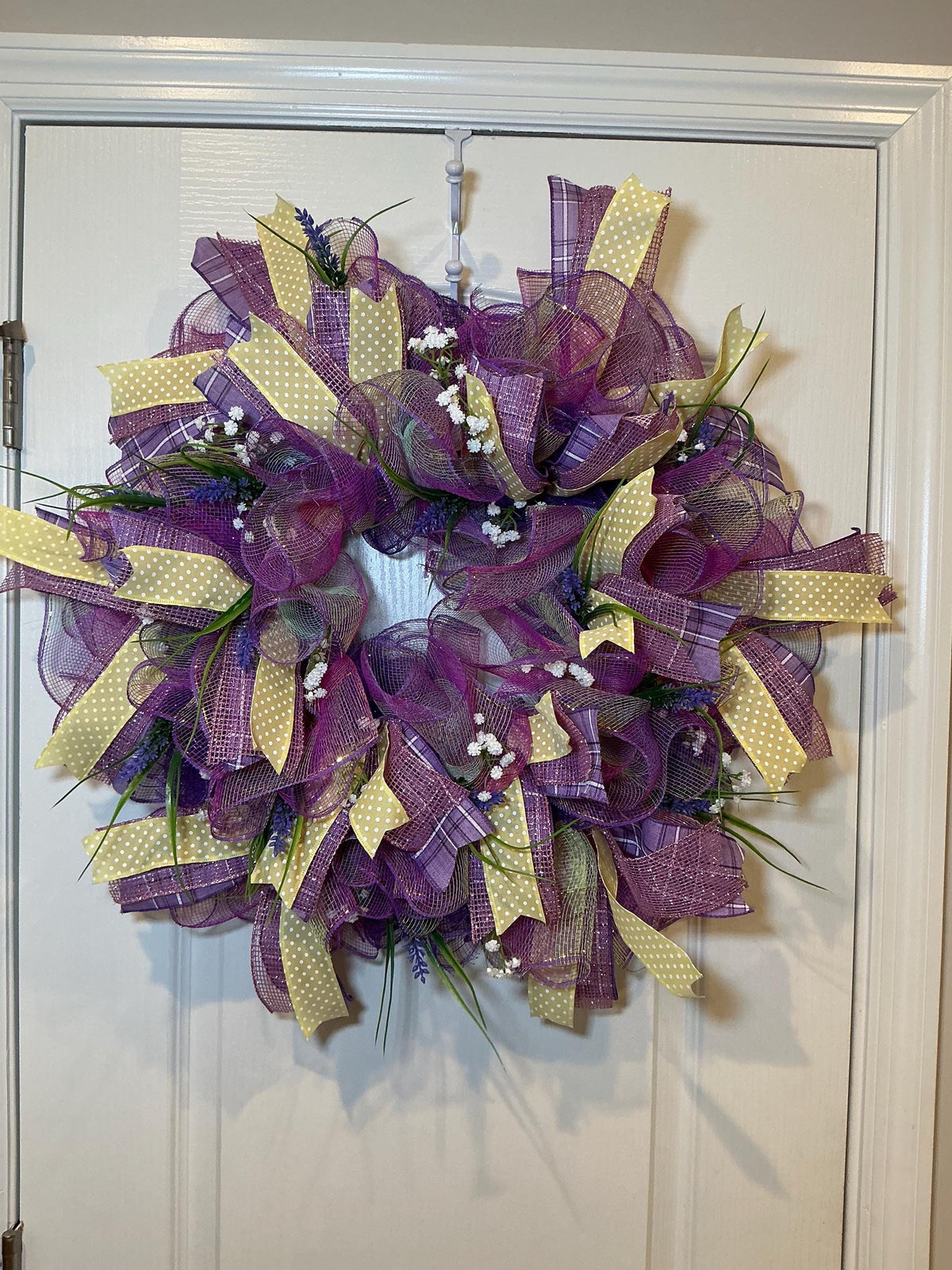 Purple Lavender Wreath, Farmhouse Style, Yellow Polka Dot Ribbon, Baby Breath Accents, 14 Inch