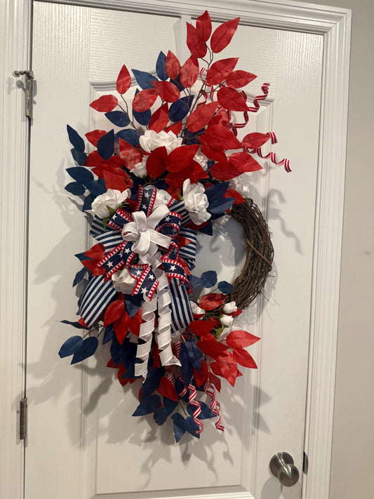 Patriotic Grapevine Wreath, Red White Blue Front Door Wreath, Americana Star Ribbon Bow, USA Summer Porch Decor.