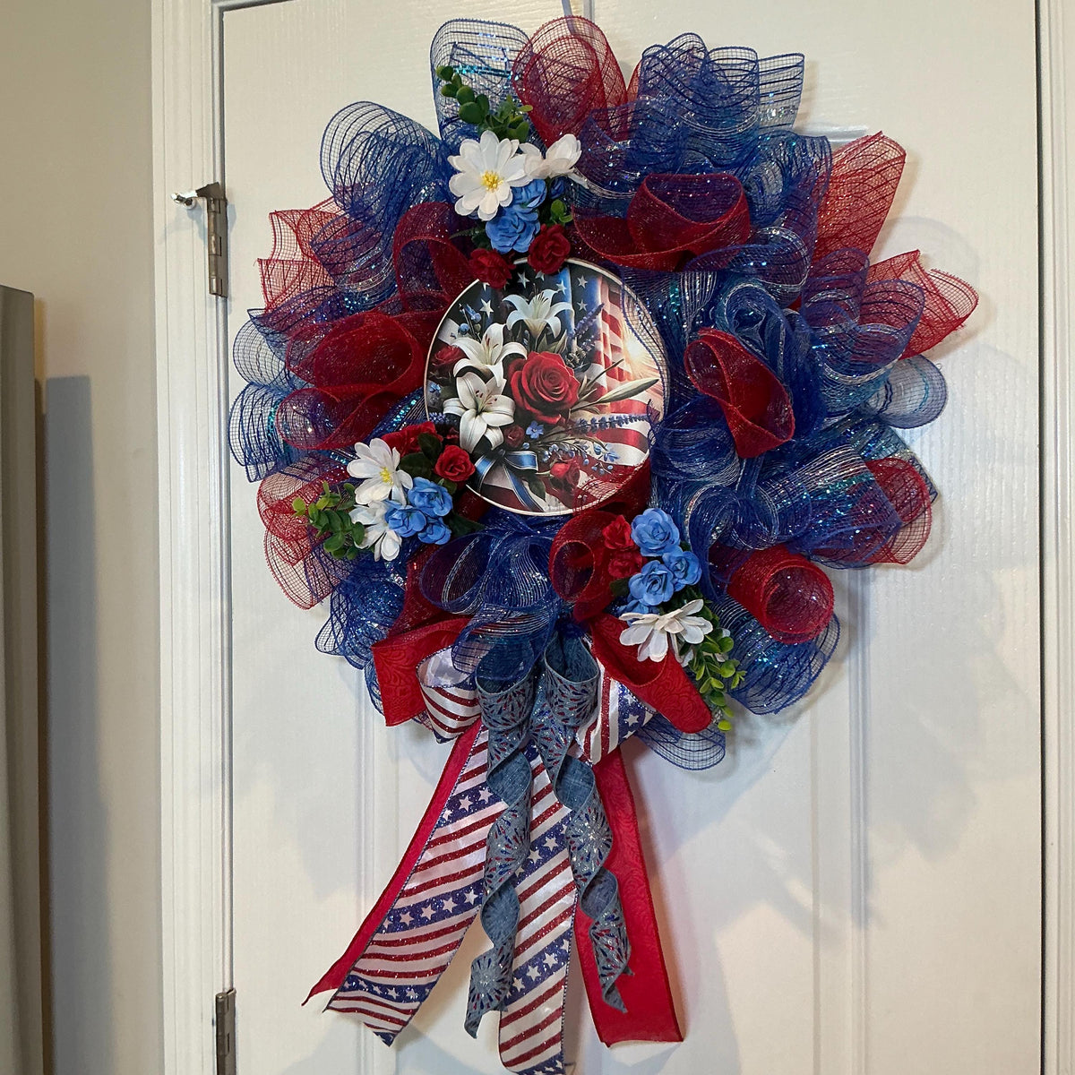 16 Inch Patriotic Floral Flag Wreath with Roses, Hydrangeas and Stars Stripes Bow