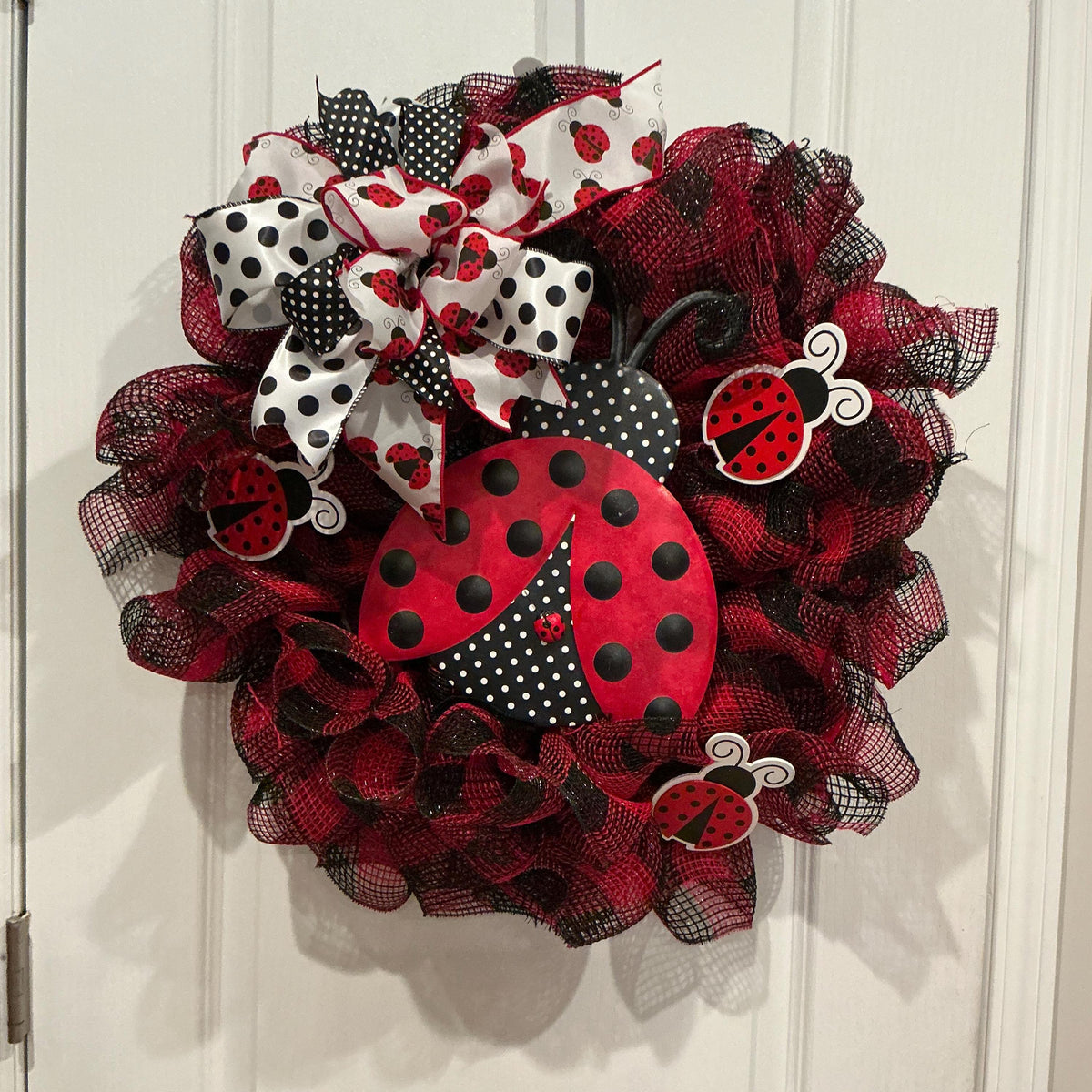 Ladybug Wreath, Red Black Buffalo Plaid, Front Door Whimsical Decor, Handmade Spring Wreath