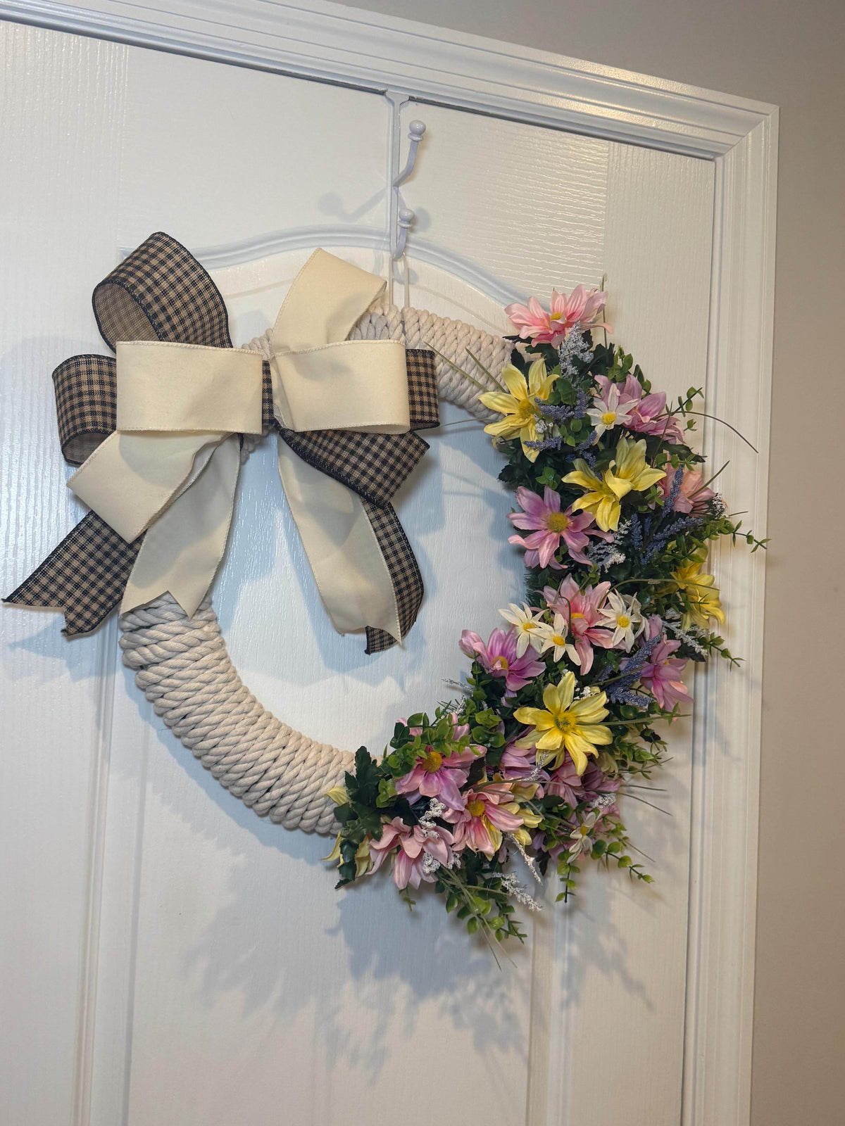 Wildflower Rope Wreath, 18 Inch Daisies Pink Lilies and Buffalo Check Bow