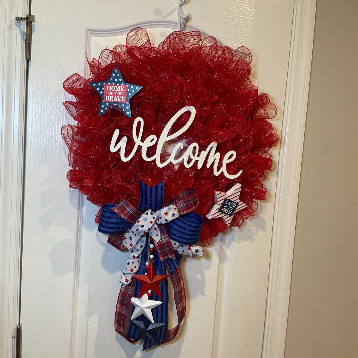Deco Mesh Welcome Wreath, Home of the Brave Star Decor, Red White Blue Front Door, Land of the Free, Fourth of July Handmade NC