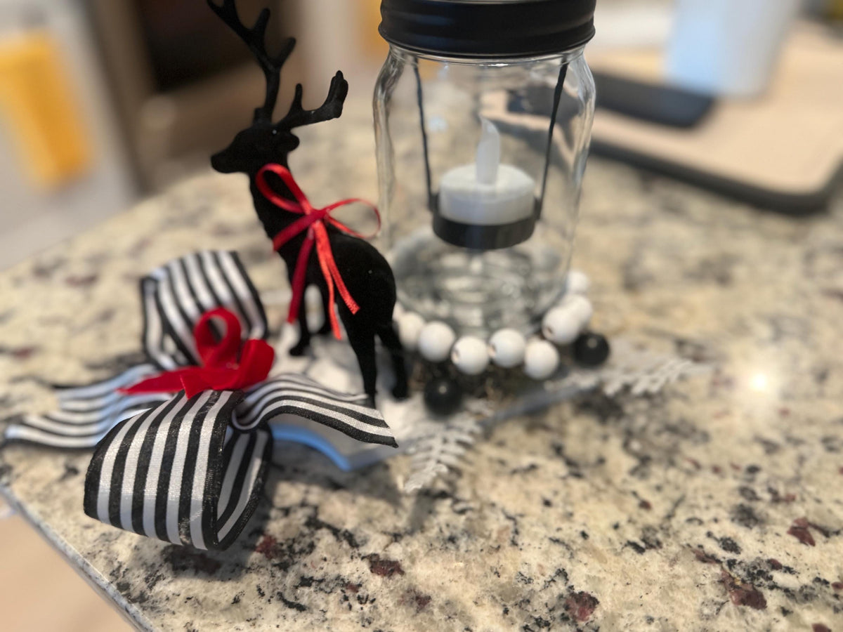 Farmhouse Christmas Lantern Centerpiece, Black Reindeer, Buffalo Ribbon, Wood Base