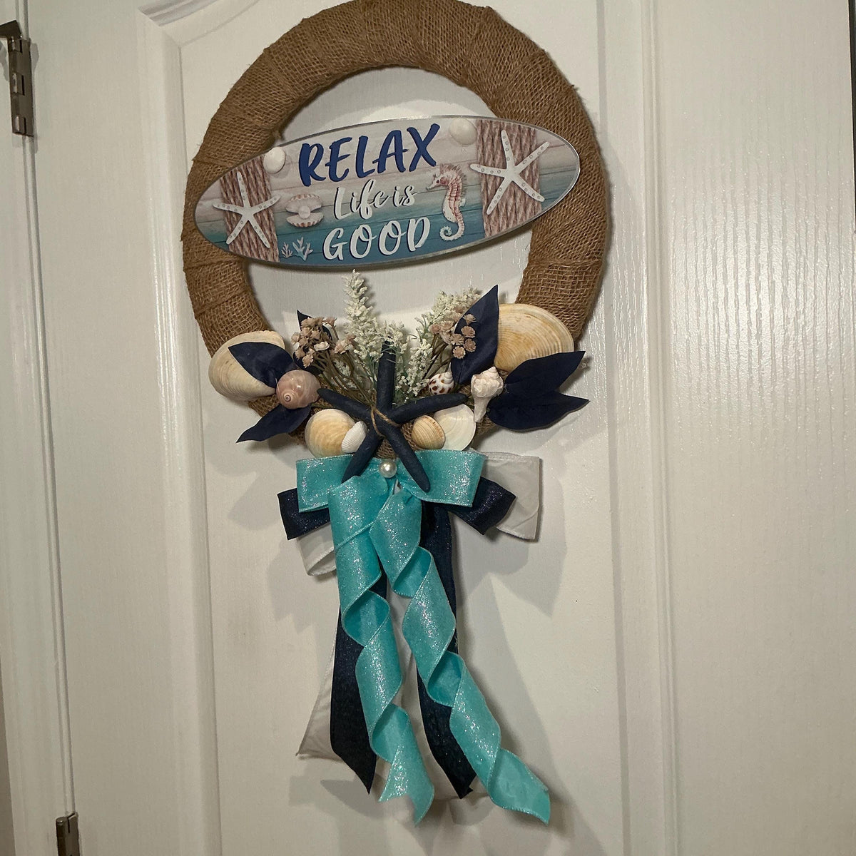 Coastal Starfish Wreath with Relax Life Is Good Sign, Nautical Lake House Door Decor