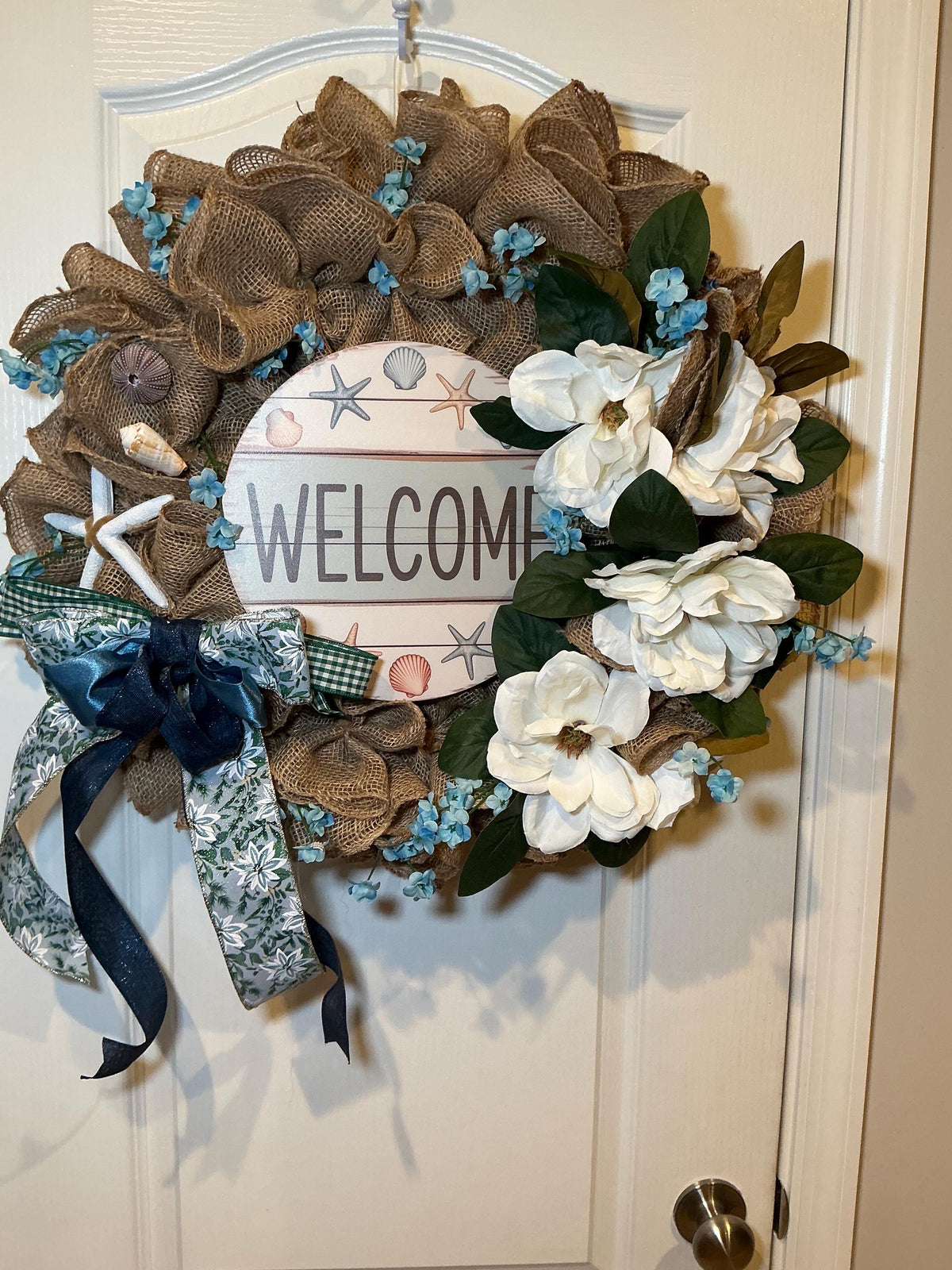 Magnolia Coastal Burlap Wreath, Seashell Starfish Welcome Sign, Beach House Decor
