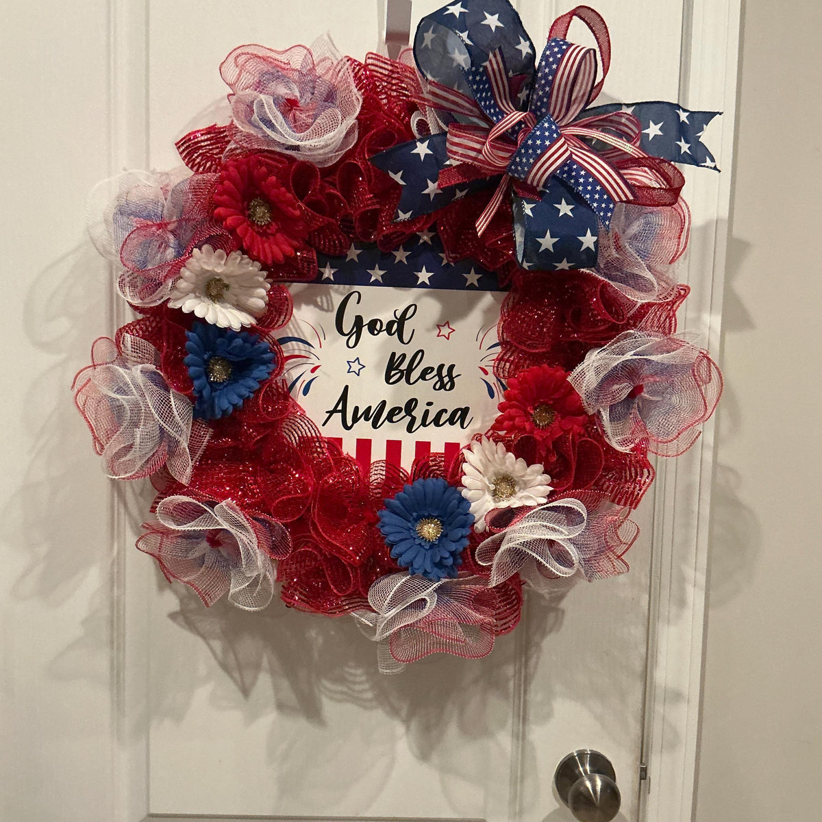 Americana Wreath, God Bless America, Red White Blue Gerber Daisies, 18 Inch Home Decor