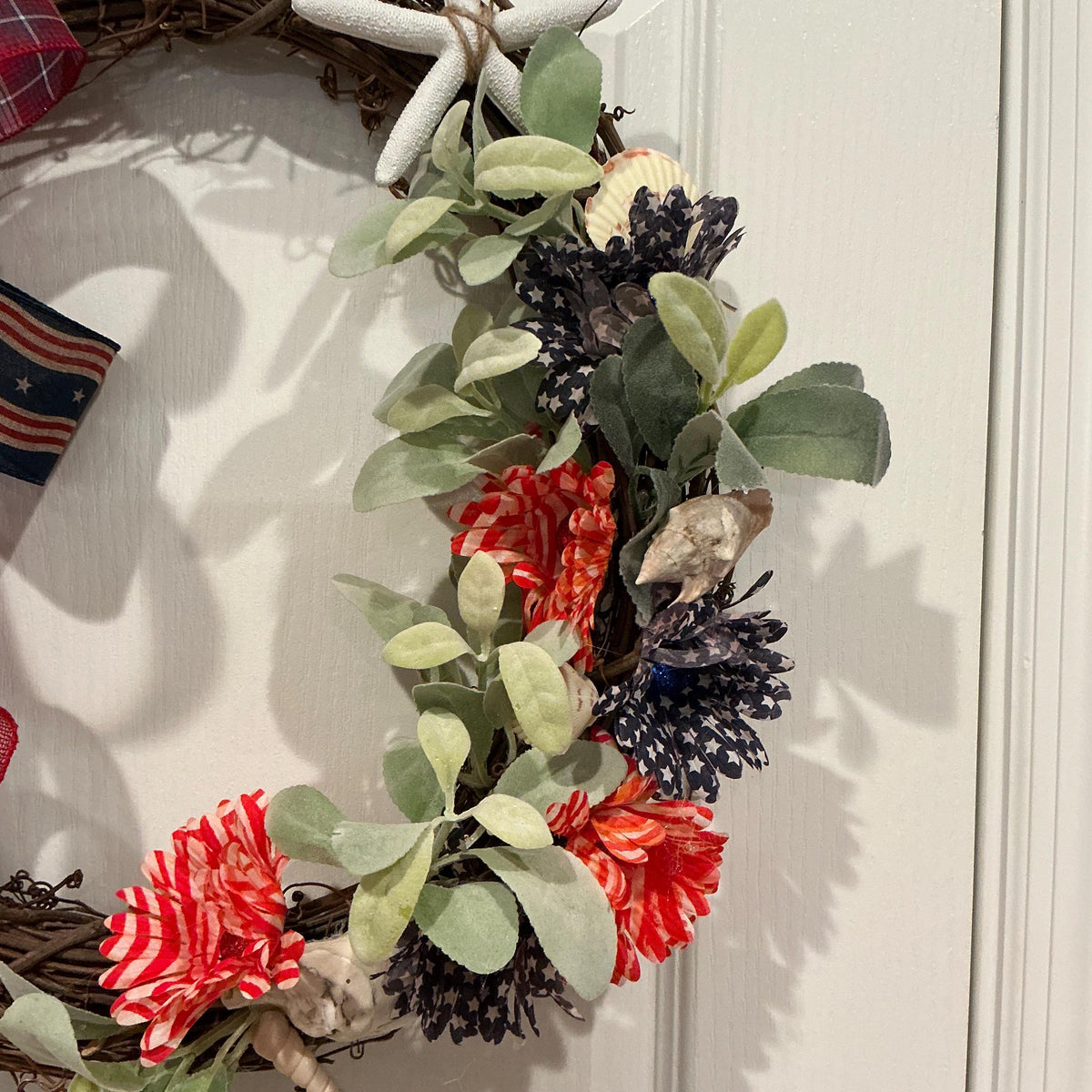 Grapevine Wreath, Patriotic Coastal Beach Decor, Seashells, Red Plaid Bow