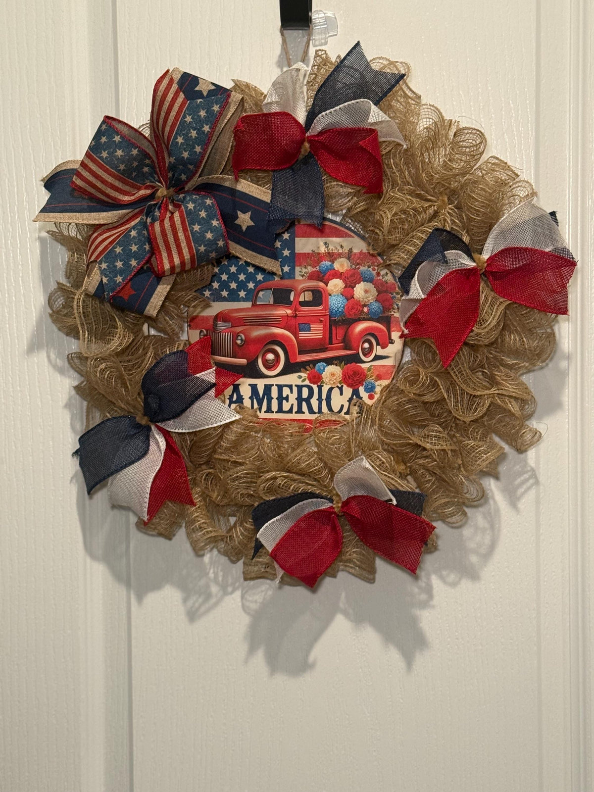 Burlap Red Truck Wreath, Americana Farmhouse Decor, Fourth of July Floral Accent