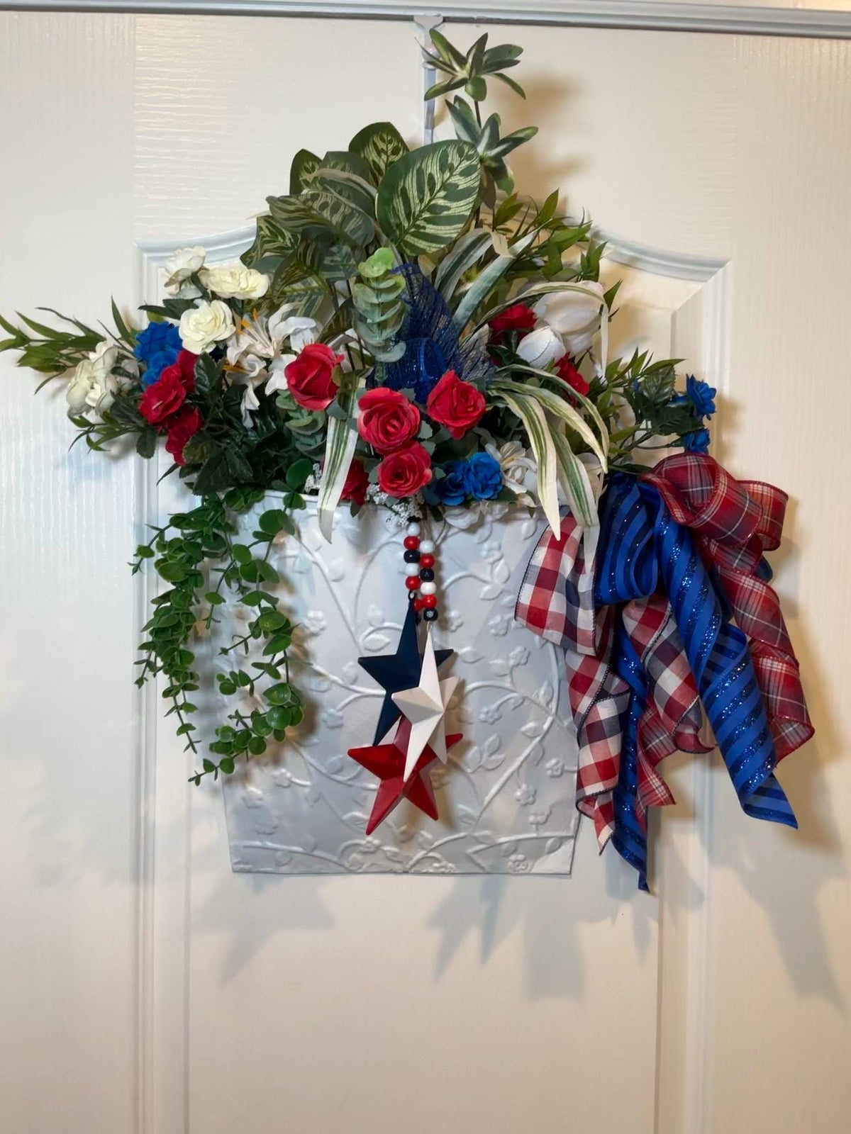 Wall Pocket Basket, Fourth of July Metal Planter, Red White Blue Floral Patriotic Front Door Decor