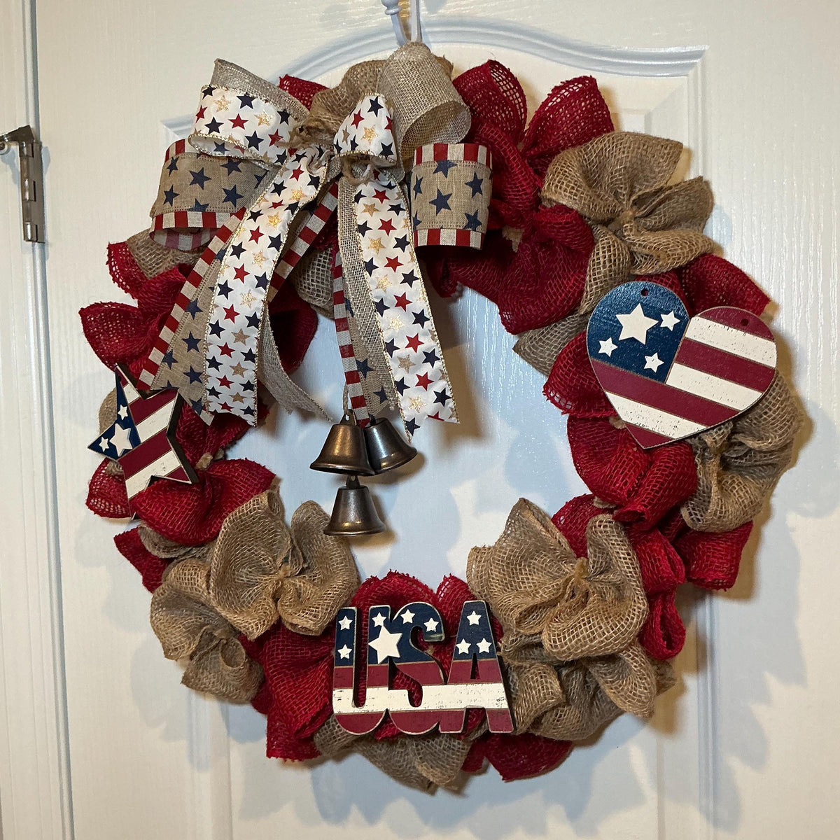 Rustic Burlap Bell Wreath, Star Heart Americana Decor, USA 250th Anniversary Red White Blue