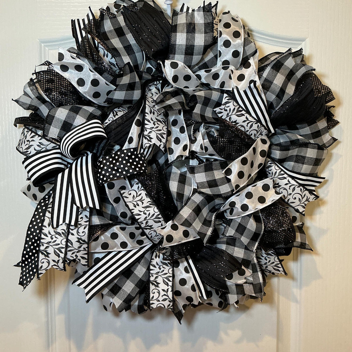 Polka Dot Ribbon Wreath, Black White Buffalo Check Farmhouse Decor, Year Round Front Door Wreath, Modern Handmade Gift