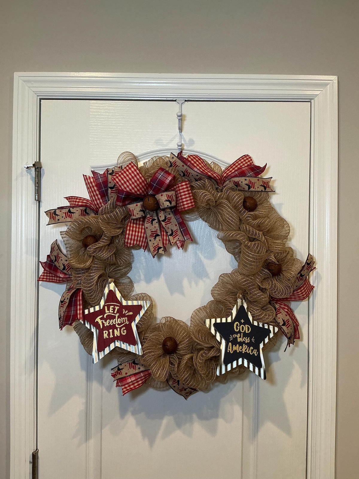 Rustic Americana Front Door Wreath, Fourth of July Wreath, God Bless America, Let Freedom Ring, Burlap Farmhouse, Jingle Bells, 18 Inch