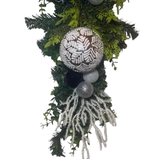 Farmhouse Front Door Swag: Evergreen Teardrop with Layered Ribbon