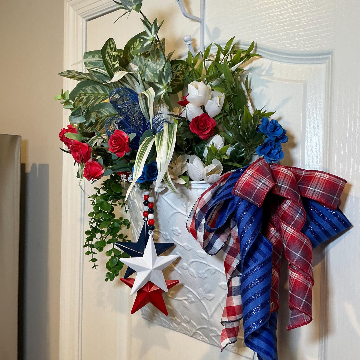 Wall Pocket Basket, Fourth of July Metal Planter, Red White Blue Floral Patriotic Front Door Decor