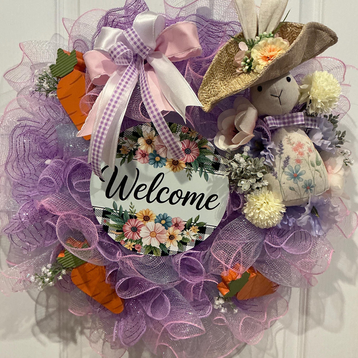 Handmade Easter Bunny Wreath, Lavender Pink Spring Door Decor