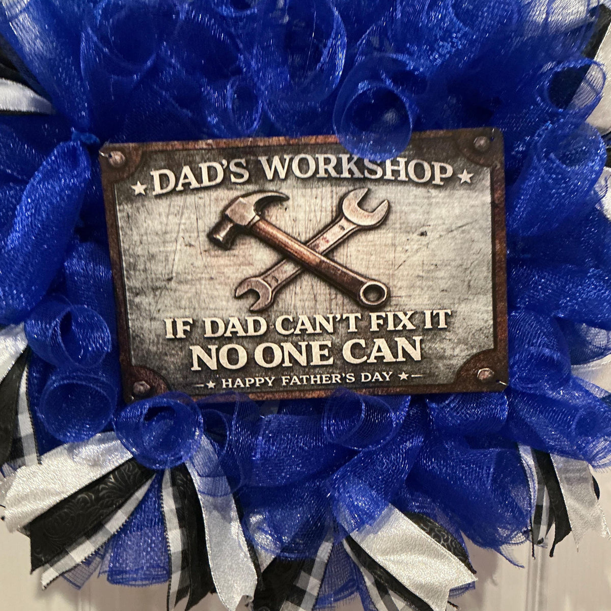 Dad’s Workshop Father’s Day Wreath, If Dad Can’t Fix It No One Can, Man Cave Door Decor, Handmade Gift for Him