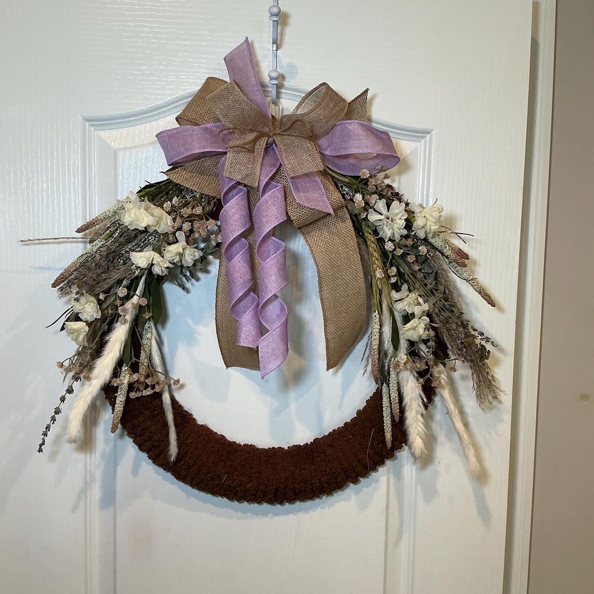 Dried Lavender Farmhouse Wreath with Brown Chenille Base and Burlap Bow, Year Round Door Decor