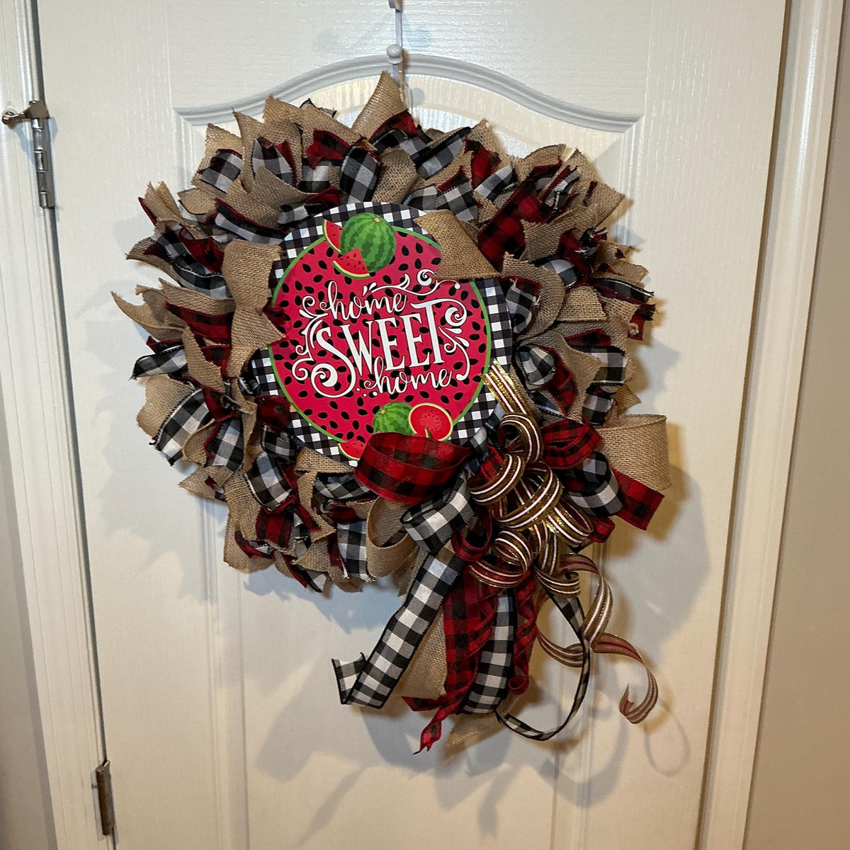 Home Sweet Home Watermelon Wreath with Burlap Buffalo Check, Summer Front Door Decor