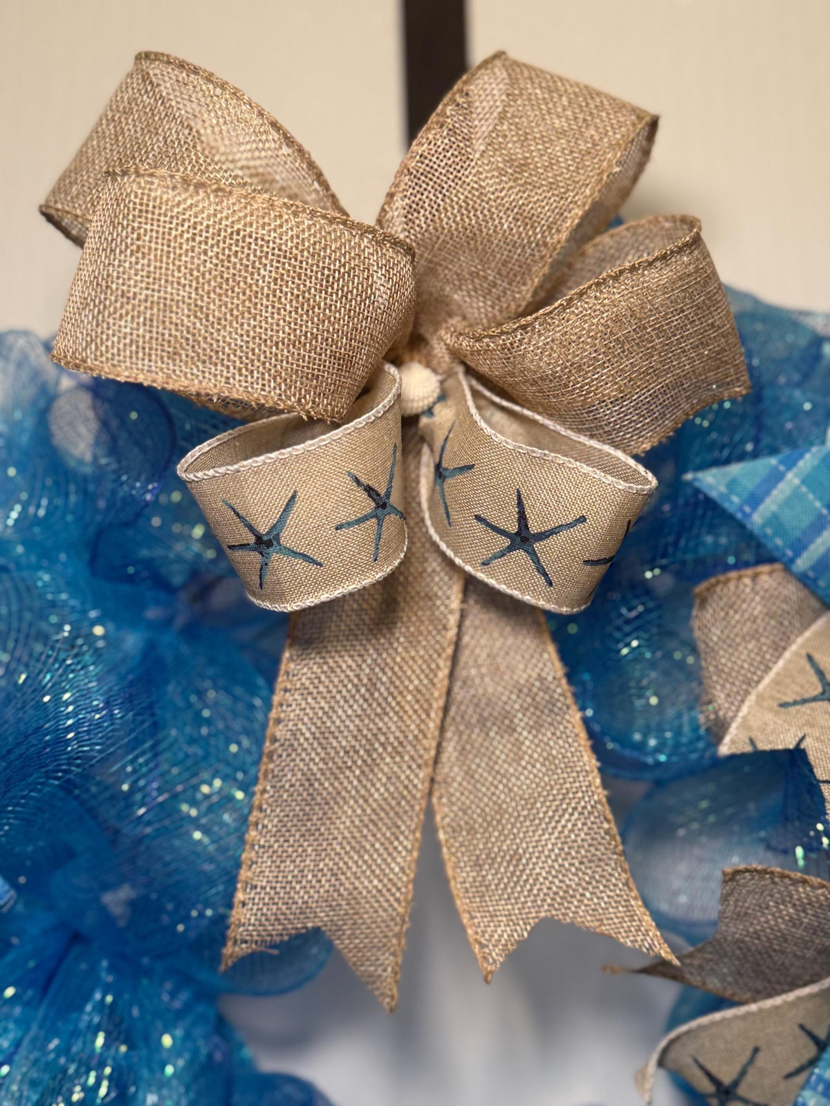 Blue Plaid Burlap Coastal Wreath, Starfish Beach Decor, Nautical Door Accent