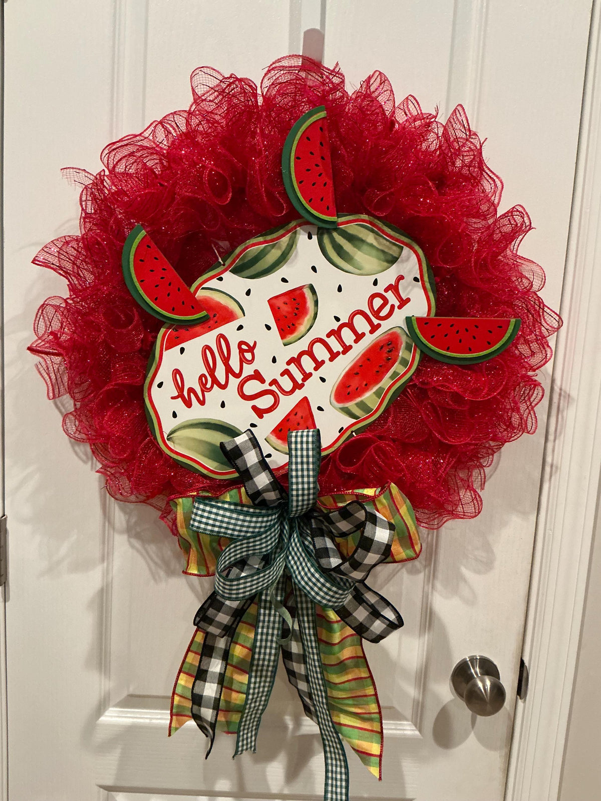 Watermelon Wreath, Hello Summer Door Decor, Buffalo Check Bow, Farmhouse Porch Accent