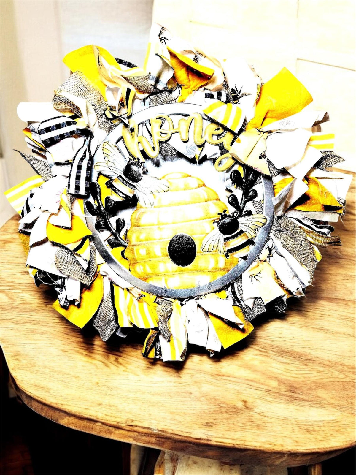 Handcrafted Bee Rag Wreath - Farmhouse Honeycomb Decor