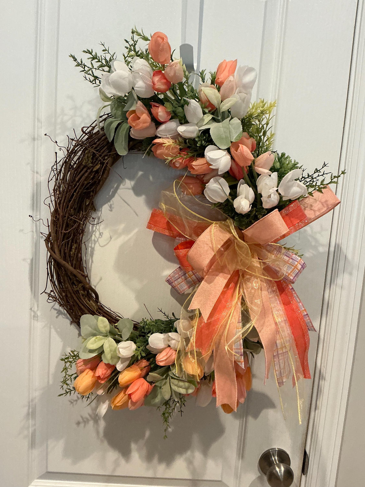Grapevine Tulip Wreath, Peach Coral Spring Decor, Farmhouse Front Door Accent, Gold Ribbon Bow