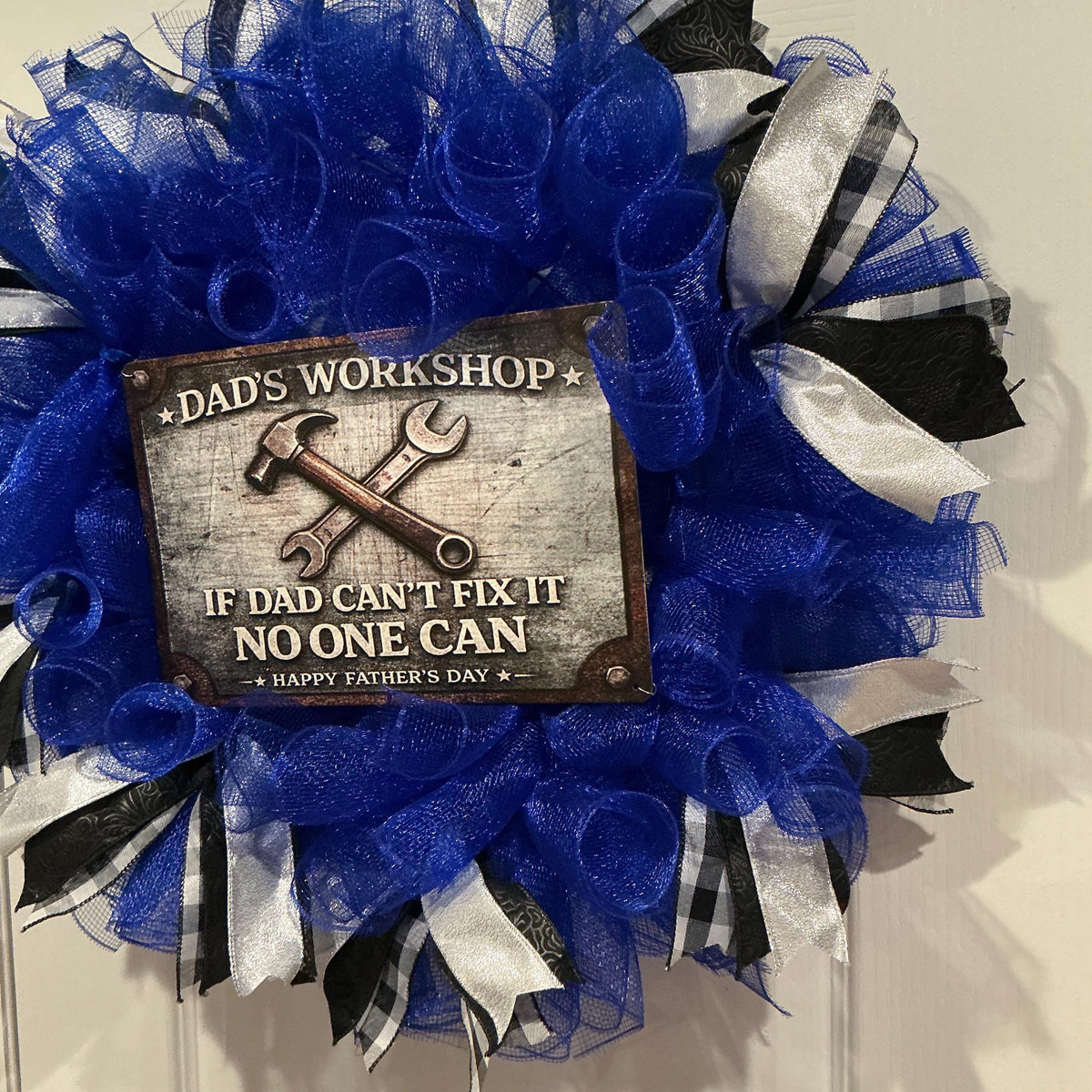 Dad’s Workshop Father’s Day Wreath, If Dad Can’t Fix It No One Can, Man Cave Door Decor, Handmade Gift for Him