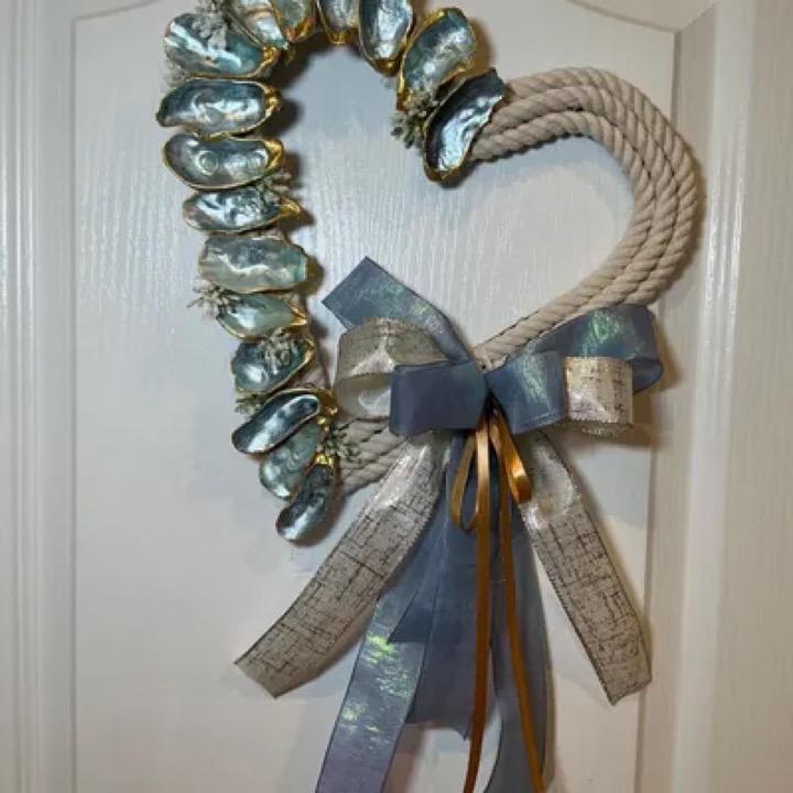 Heart Shaped Oyster Shell Wreath with Rope, Coastal Beach Wall Decor