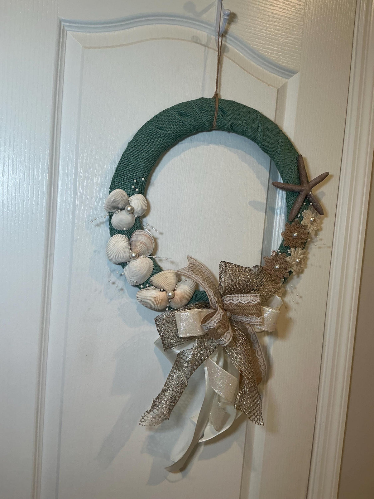 Coastal Wedding Wreath with Seashells, Starfish and Pearl Bow, Beach Bridal Decor