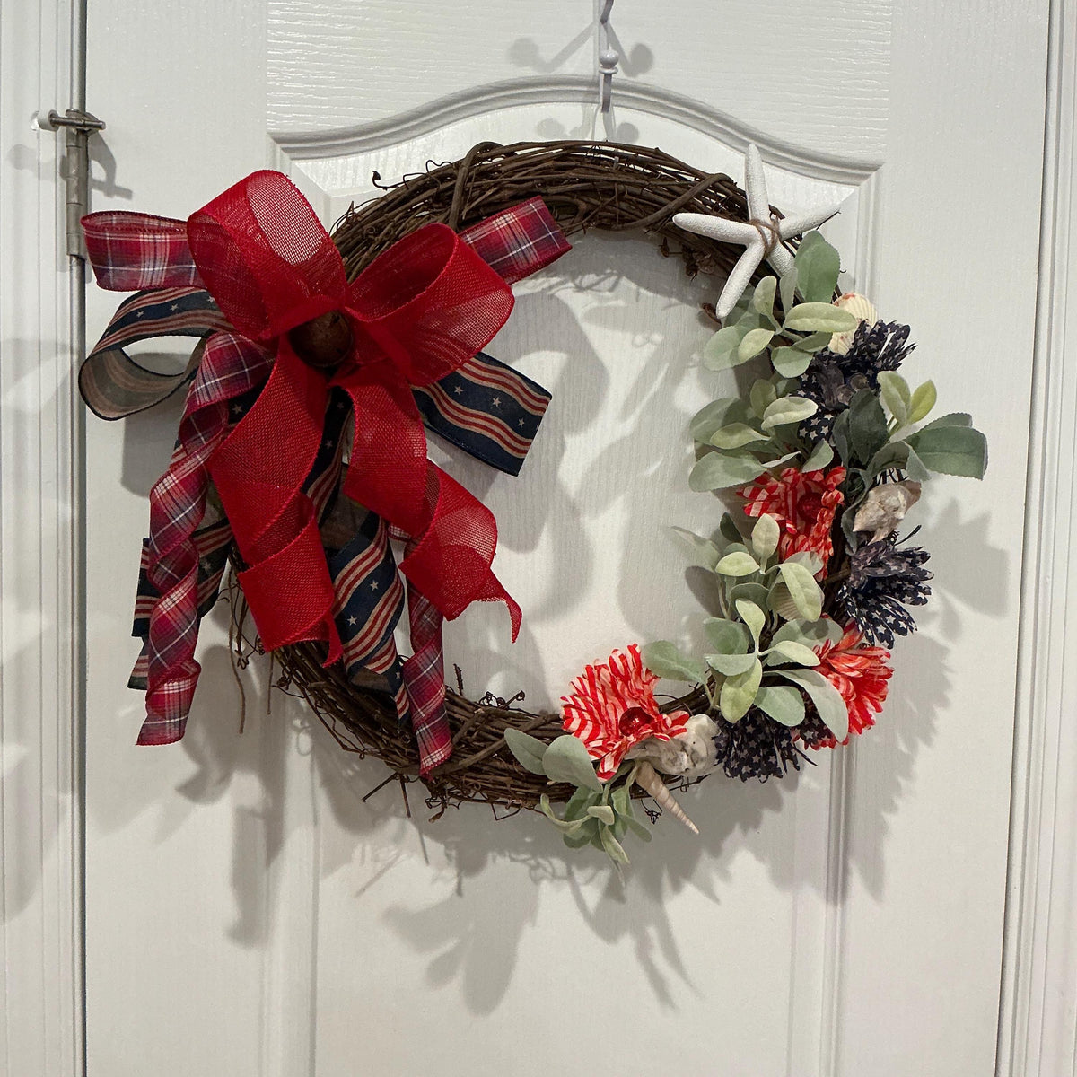 Grapevine Wreath, Patriotic Coastal Beach Decor, Seashells, Red Plaid Bow