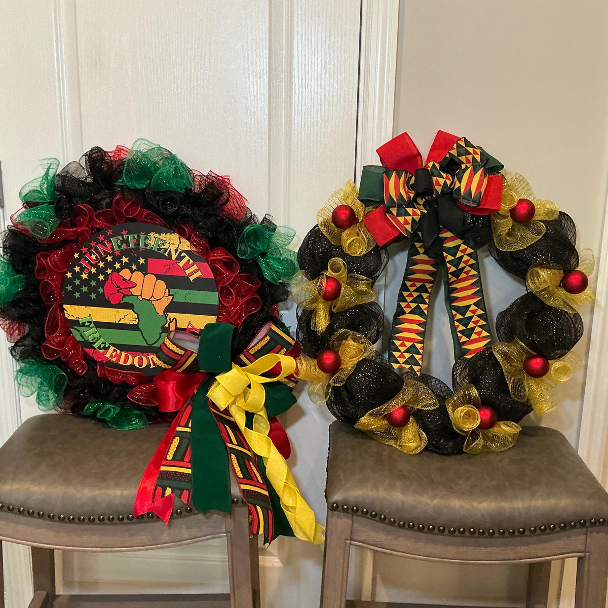 Juneteenth Bundle Set of 2, Freedom Day Sign Wreath and Kente Gold Wreath, Pan African Decor, Handmade Gift