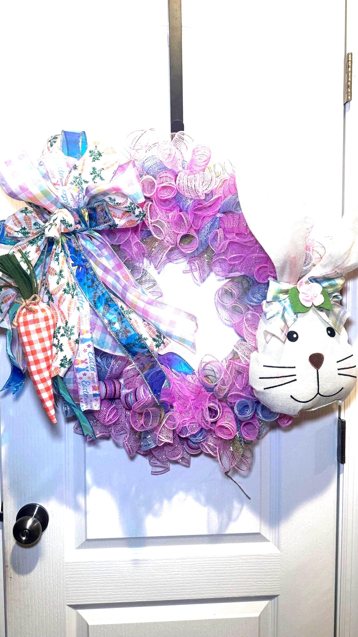 Pastel Easter Bunny Wreath, Gingham Carrot, Spring Door Decor