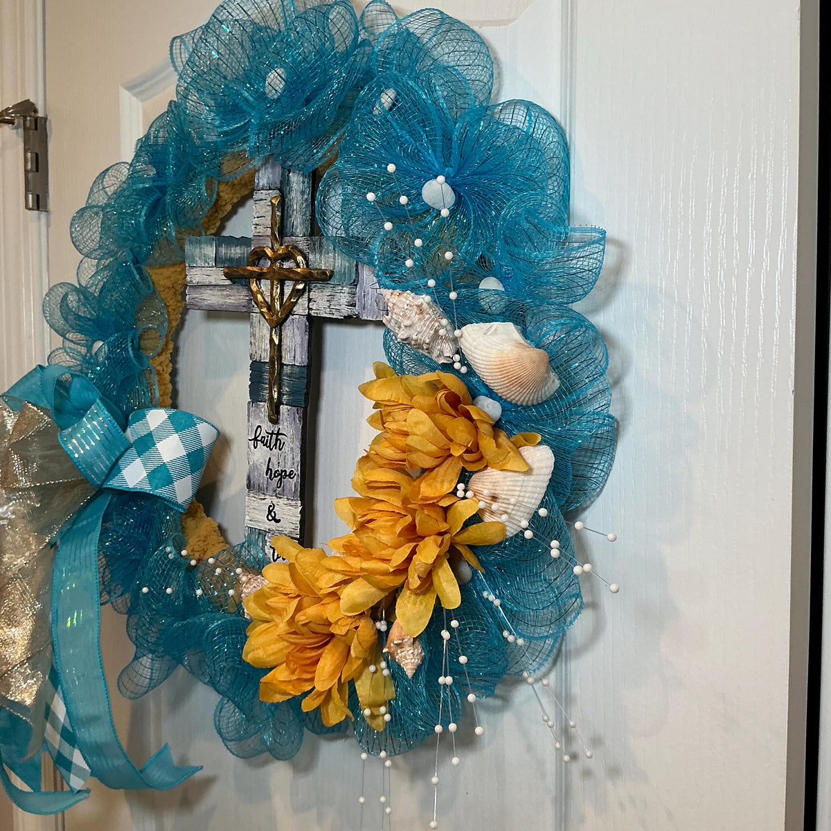 Coastal Faith Wreath, Turquoise Beach Cross Decor, Faith Hope Love Seashell Religious Door Decor.