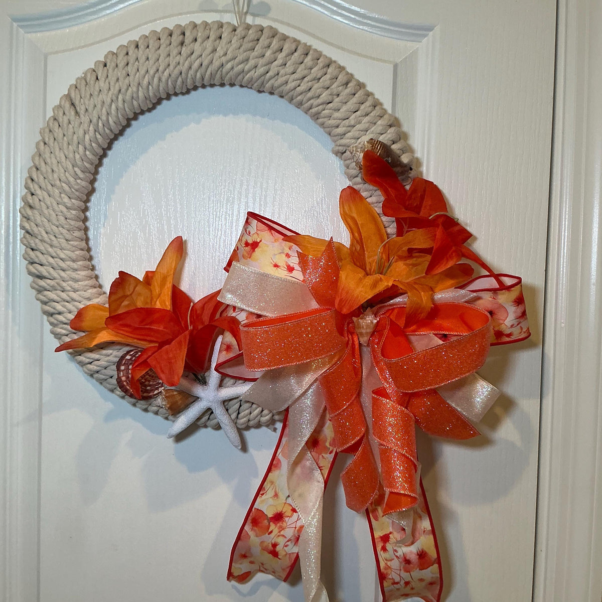 Tropical Orange Coastal Wreath, Rope Starfish Beach Decor, Seashell Nautical Front Door Wreath, Lake House Housewarming Gift, Handmade Summe
