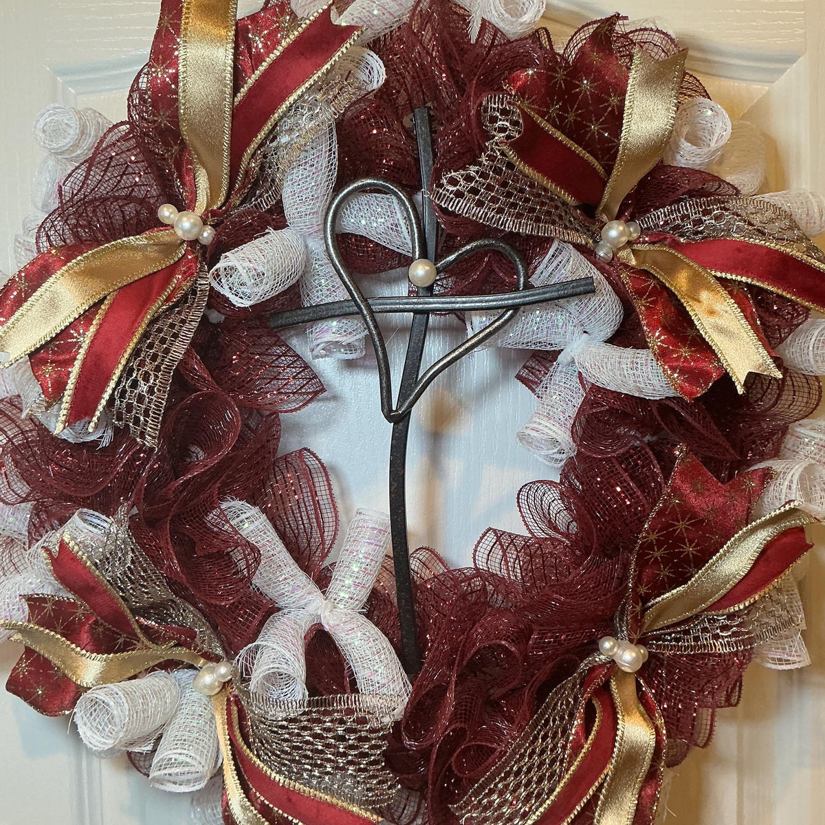 Burgundy Cross Wreath, Heart Cross Religious Accent, Christian Home Decor, Church Wall Hanging, Cranberry Gold Faith Wreath