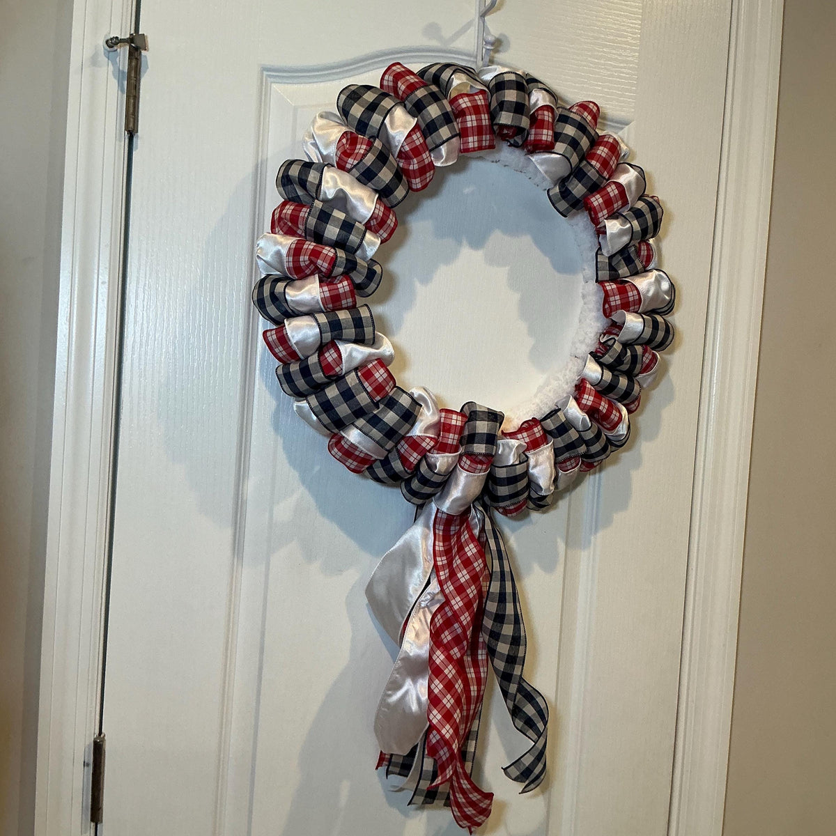Buffalo Check Wreath, Red White Navy Ribbon Front Door Decor, Fourth of July Americana