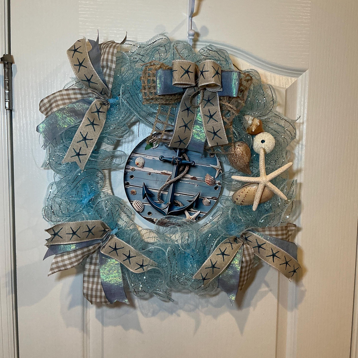 Ocean Blue Coastal Seashell Wreath with Starfish and Rope, Summer Front Door Decor