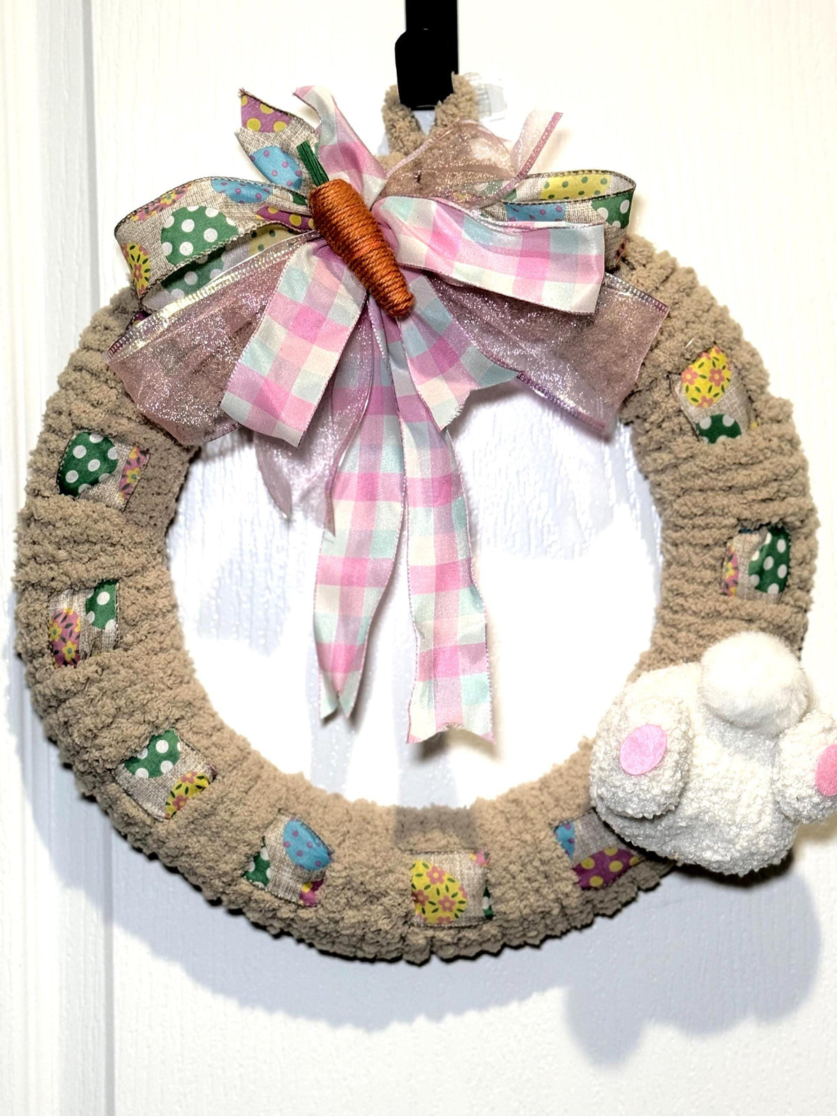 Chenille Easter Bunny Wreath: Spring Door Decor with Stuffed Bunny