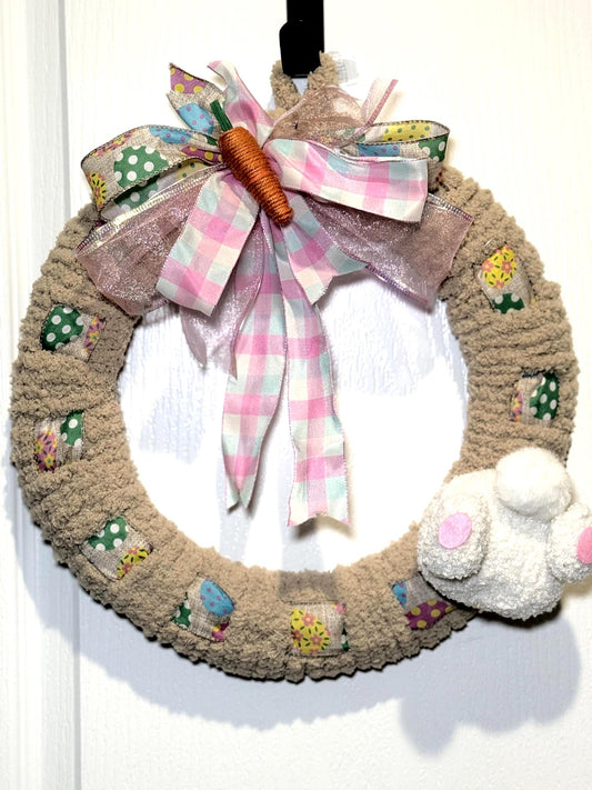 Chenille Easter Bunny Wreath: Spring Door Decor with Stuffed Bunny
