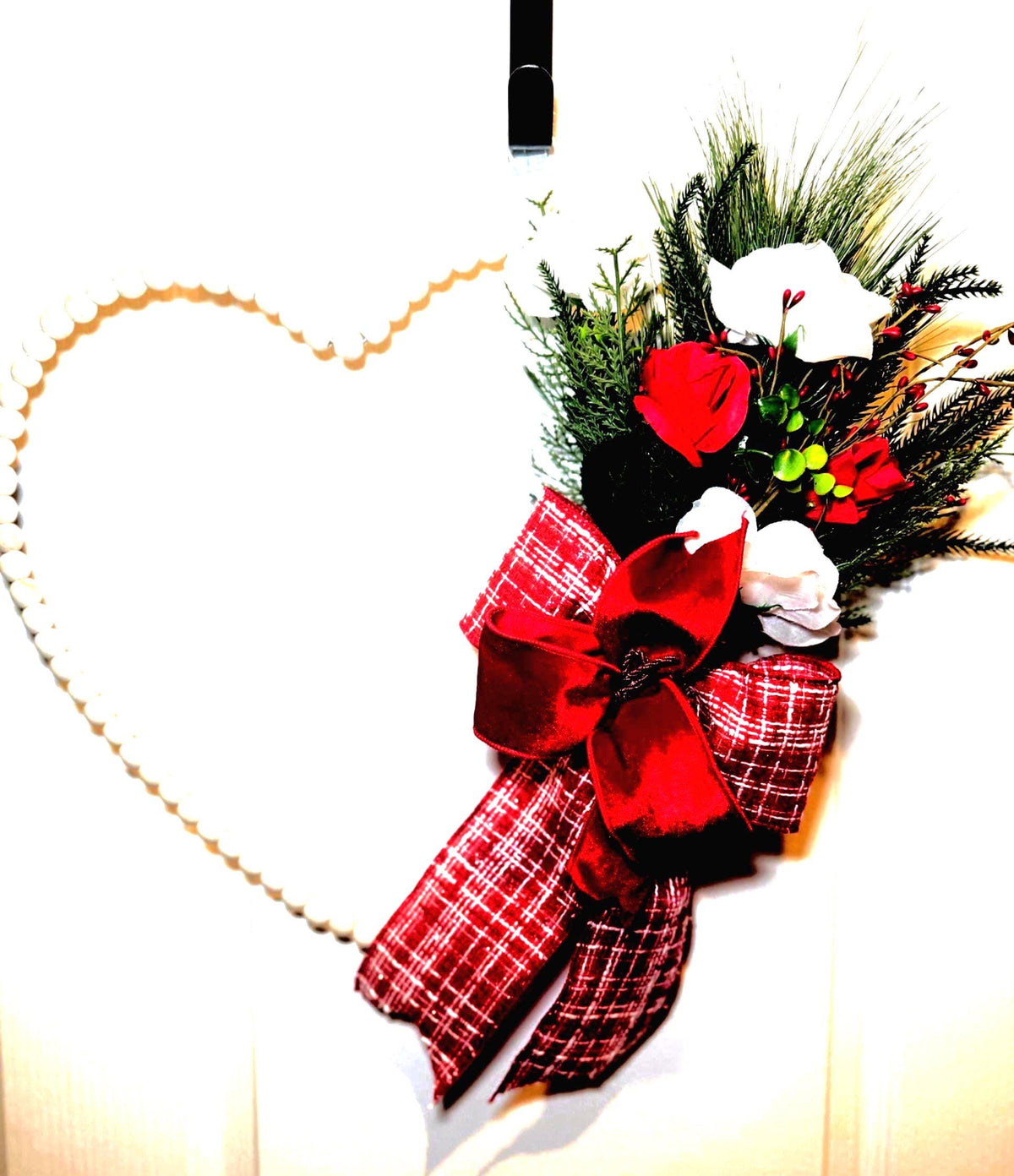 Valentine Heart Wreath with Red Velvet Bow and Silk Roses, Farmhouse Front Door Decor
